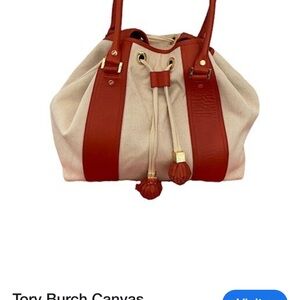 Tory Burch Gwendolyn orange and Cream Canvas leather trim Tote Bag